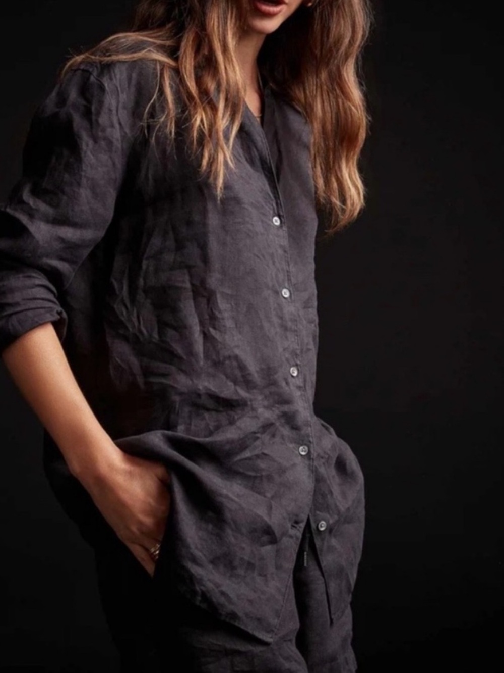 James Perse Navy Linen Relaxed Button
Down Long Sleeve Shirt Size 3- Large